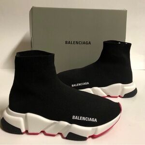 Balenciaga Speed Trainers Pink Black White Women Size 9 NDS BTS Sock Sneakers